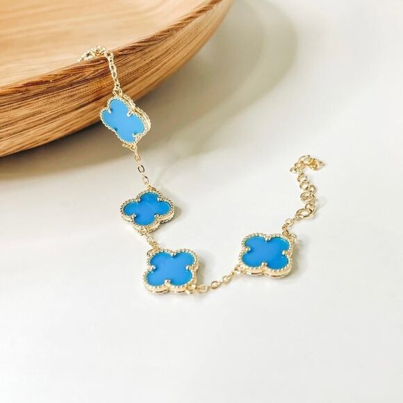 18K Gold Plated Clover Four Leaf Blue Bracelet - Picture 7 of 8